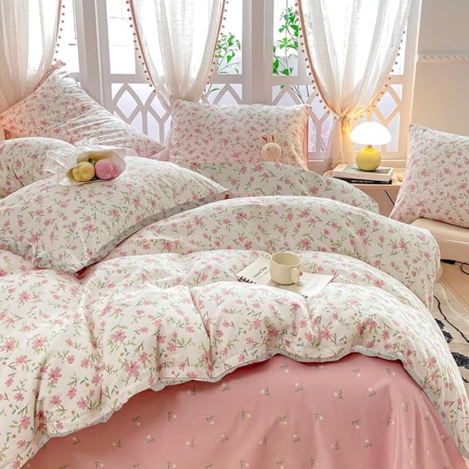 VM VOUGEMARKET Vintage Pink Floral Comforter Set Queen 3 Pieces Garden Flower Bedding Comforter for Teen Girls Reversible Cute Pink White Bedding Set