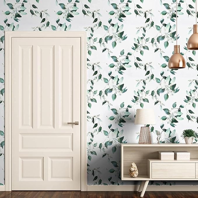 Erfoni Green and White Leaf Peel and Stick Wallpaper Floral Contact Paper for Livingroom17.7inch x 393.7inch Eucalyptus Wallpaper Peel and Stick Vintage Flower Decorative Removable Wall Paper Vinyl