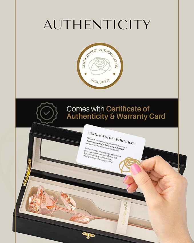 Forever Rose Real Rose Dipped in Rose Gold, Handcrafted Preserved Rose in Luxury Leather Display Case with LED Light, Romantic Gift for Her, Elegant Keepsake for Anniversary, Birthday Special Occasion