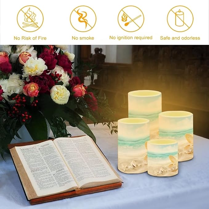 Flameless LED Battery Candles 4PCS Pillar Candles with 18-Key Timer Remote Colorful Light for Party Celebration Decor, Beach Mussel Starfish Seashell