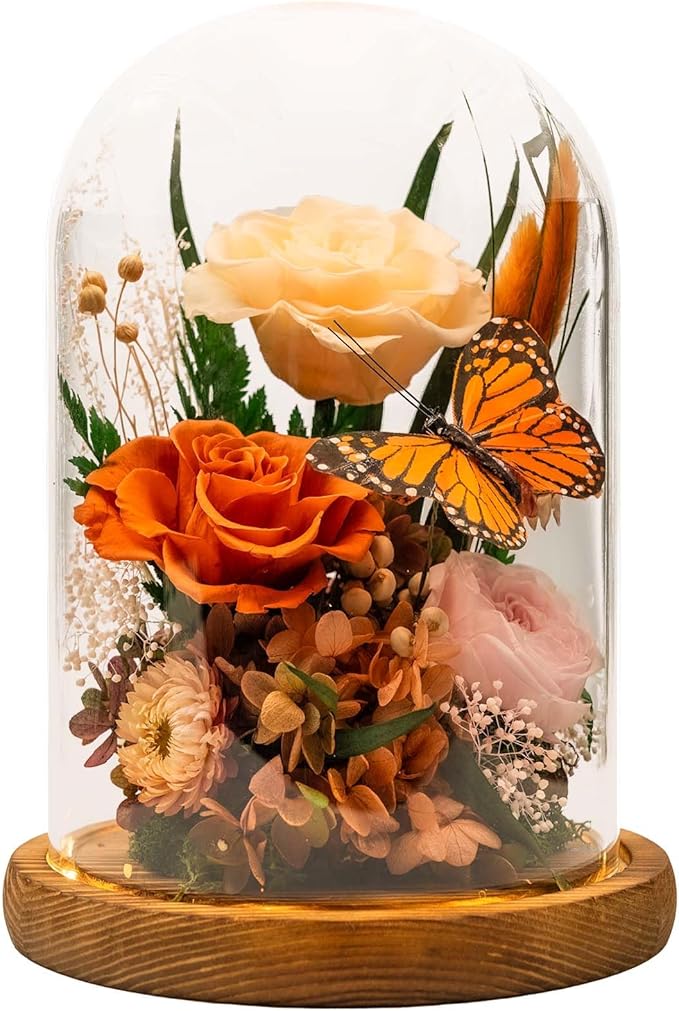 Eternal Flower with Butterfly: Big Flowers Big Love-Elegant Flower in Glass Dome-Thanksgiving, Christmas, Mom Gifts for Her-Flowers for Delivery Prime-Floral Arrangements (Orange)