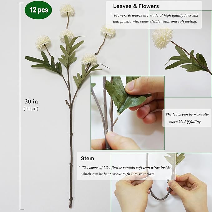 Faux Kiku Flower - White 12 Stems Faux Silk Mini Chrysanth with Stems Bulk Pompon Mum Artificial White Flower Ball for Floral Arrangements Silk Flowers for Home Decor Indoor