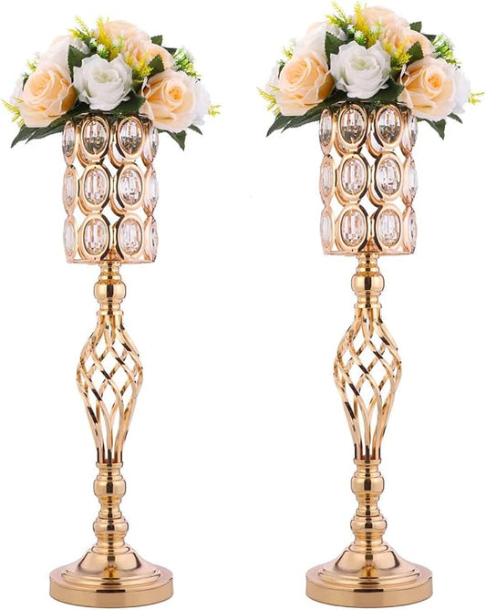24in Metal Diamond Crystal Wedding Centerpiece Vases for Tables Set of 2, Gold Versatile Tall Flower Holders Centerpiece Flower Stands for Wedding Party Reception Dining Room Living Room Décor