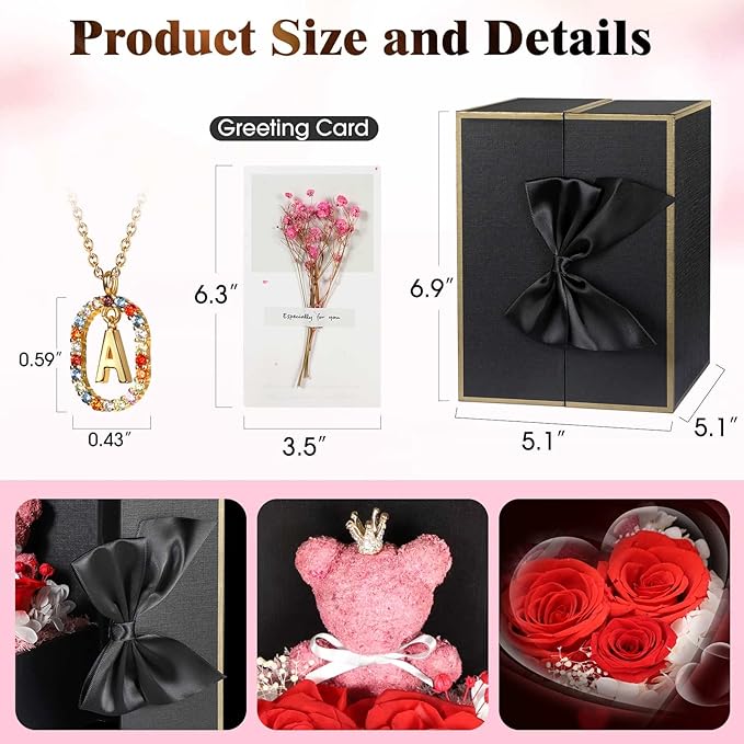 Cute Preserved Real Roses Bear Gift Box for Girlfriend with Initial Necklace A, Birthday Gifts for Women, Mom, Her, Grandma, Wife Birthday Gift Ideas