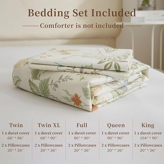 EAVD Vintage Floral Duvet Cover Queen Size White Soft 100% Cotton 3-Piece Chic Coquette Bedding Set with 2 Pillowcases Garden Botanical Floral Comforter Cover with Zipper Closure