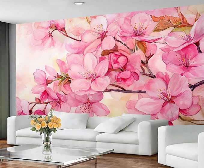 Watercolor Cherry Blossom Wall Mural, Japanese Cherry Blossom 3D Wall Murals, Simple Elegant Flowers Wallpaper Mural, for Living Room Bedroom Large Wallpaper Indoor Decor 157.5" W x110.3 H