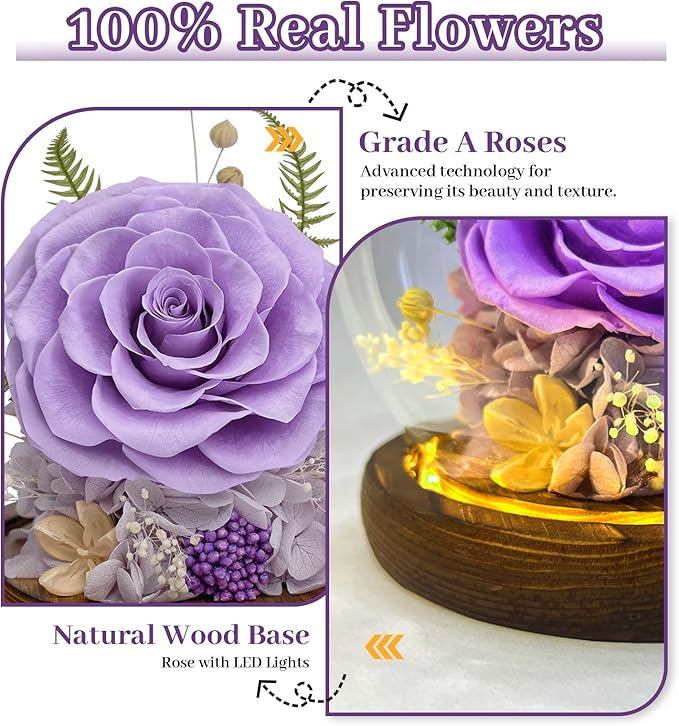 Preserved Rose Forever Flower in Glass - Birthday Gifts for Women Mom, Real Flowers for Delivery Prime | Rose Gift for Grandma Wife Sister Friend (Purple)