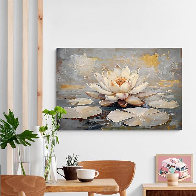 Ethereal white lotus floating on Crystal Waters poster vintage oil painting printwall art soft blush and gold accents serene home and office decor dreamy 20x30in Frameless