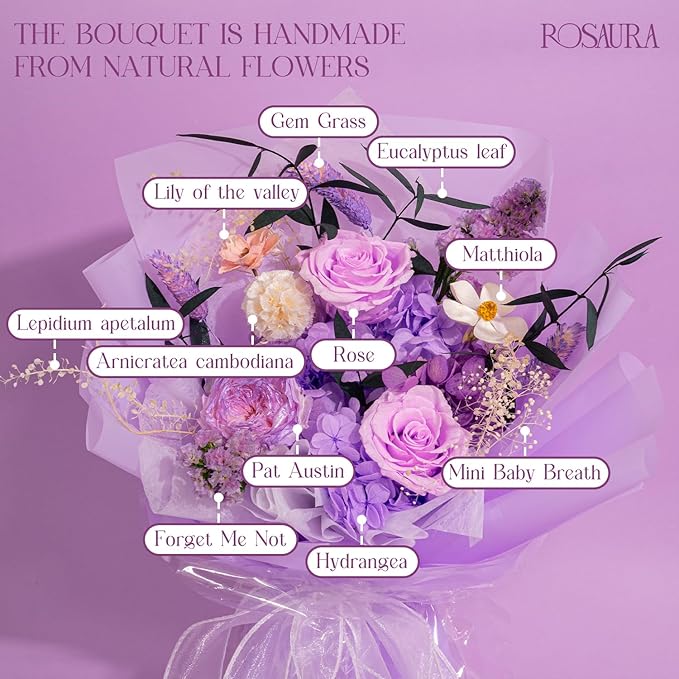 Rosaura Preserved Flowers Bouquets, Natural Real Roses for Delivery Prime, Forever Rose Bouquets Valentine's Day, Mother's Day, Christmas, Birthday Gifts-Light Purple (with vase)