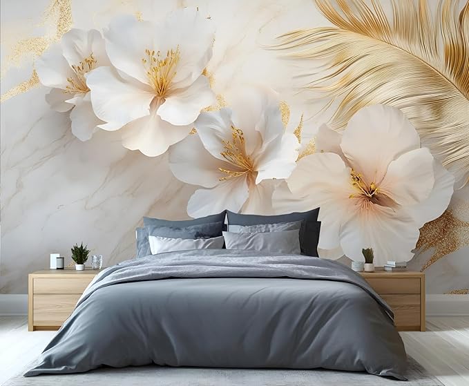 White Flowers Marble Wall Mural, Luxury Floral 3D Wall Murals, Elegant Gold Leaf Design Wallpaper Mural, for Living Room Bedroom Large Wallpaper Indoor Decor 169.3" W x118.2 H