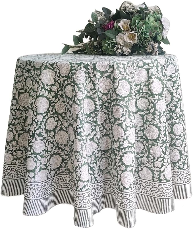 ATOSII Shalimar Green 100% Cotton Round Boho Fall Tablecloth, Handblock Floral Table Cloth Linen for Kitchen Dining I Parties Wedding Outdoors Christmas Thanksgiving I Fall Home Decor 72" Inches Round