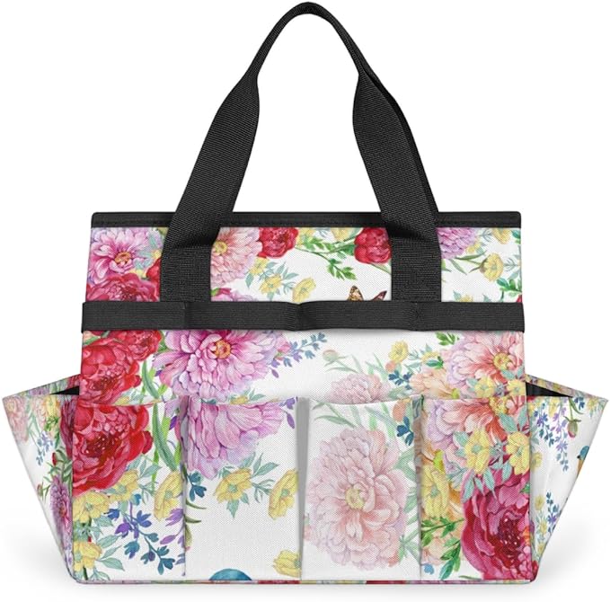 Garden Tool Tote Bag for Women Men Flower Bird Butterfly Gardening Tool Storage Bags with 10 Pockets Standable Garden Home Tool Kits Organizer for Indoor Outdoor Gardening Gifts