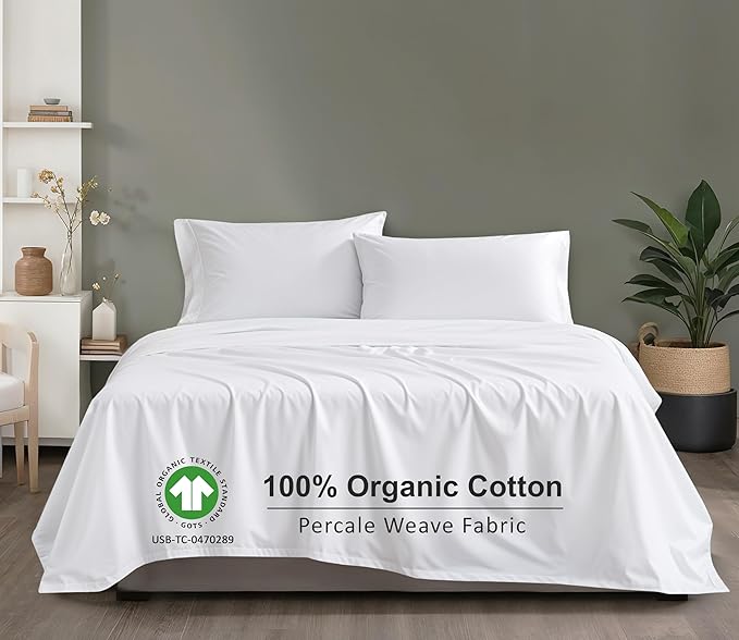 RUVANTI 100% Organic Cotton Sheets Twin XL, Percale Weave, GOTS Certified, 3-Piece Set, Deep Pocket 15", Crisp & Breathable, Soft Durable Bedding, Sábanas Algodón Orgánico – Bright White
