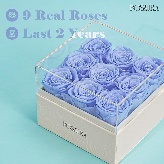 Rosaura Square Preserved Roses Gift Box - Real Forever Flowers in Clear Acrylic Lid, Valentine's for Women (Sky Blue, 9 Roses)