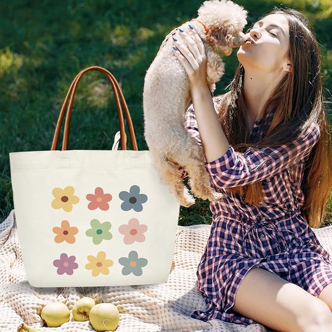 Floral Canvas Tote Bag For Women, Flower Tote Bags for Grocery Shoulder Bag for Work Beach Travel Gym, Beach Bag Shopping Handbag Motivational Gifts Birthday Gifts for Mom Teacher Friends -16