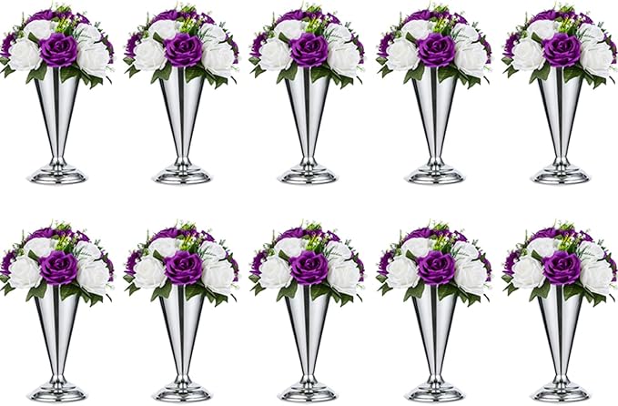 10 Pcs Tabletop Metal Wedding Flower Trumpet Vase, 9.8 inch Table Decorative Centerpiece Artificial Flower Arrangements for Anniversary Ceremony Party Birthday Event Aisle Home Decoration, Silver