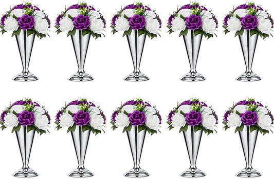 10 Pcs Tabletop Metal Wedding Flower Trumpet Vase, 9.8 inch Table Decorative Centerpiece Artificial Flower Arrangements for Anniversary Ceremony Party Birthday Event Aisle Home Decoration, Silver