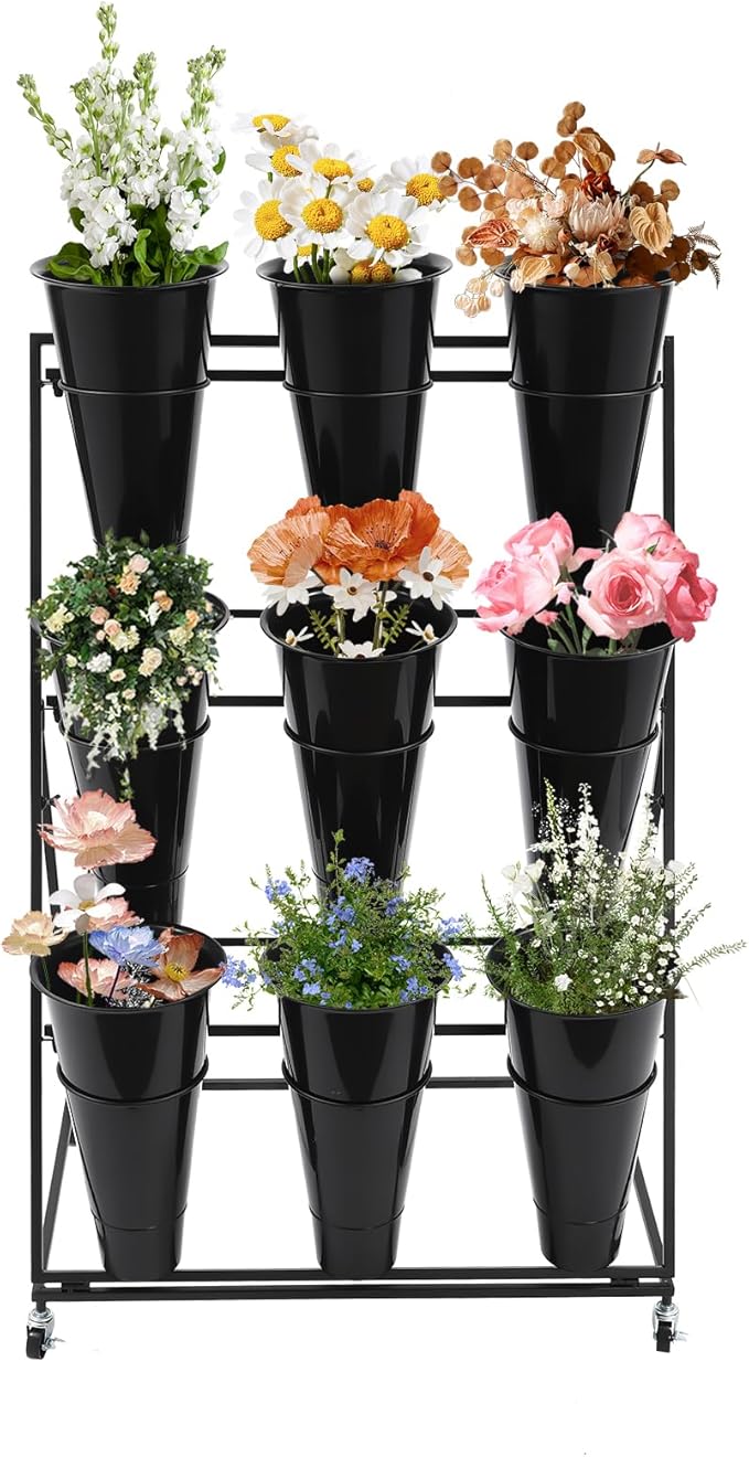DYRABREST Flower Display Stand with Buckets, Black 3 Layers Metal Plant Stand with 9 Pieces Buckets, Moving Florist Bouquet Shelf for Fresh Flower Shop, for Patio Garden, Outdoor Flower Pop-Up Events
