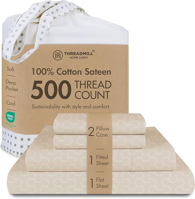 Threadmill Cotton Queen Sheet Set | 500 Thread Count 100% Cotton Sheets for Queen Size Bed | Damask Jacquard Queen Bed Sheets Set with 16” Deep Pocket Fitted | Soft Sateen Cooling Bedding Set | Beige