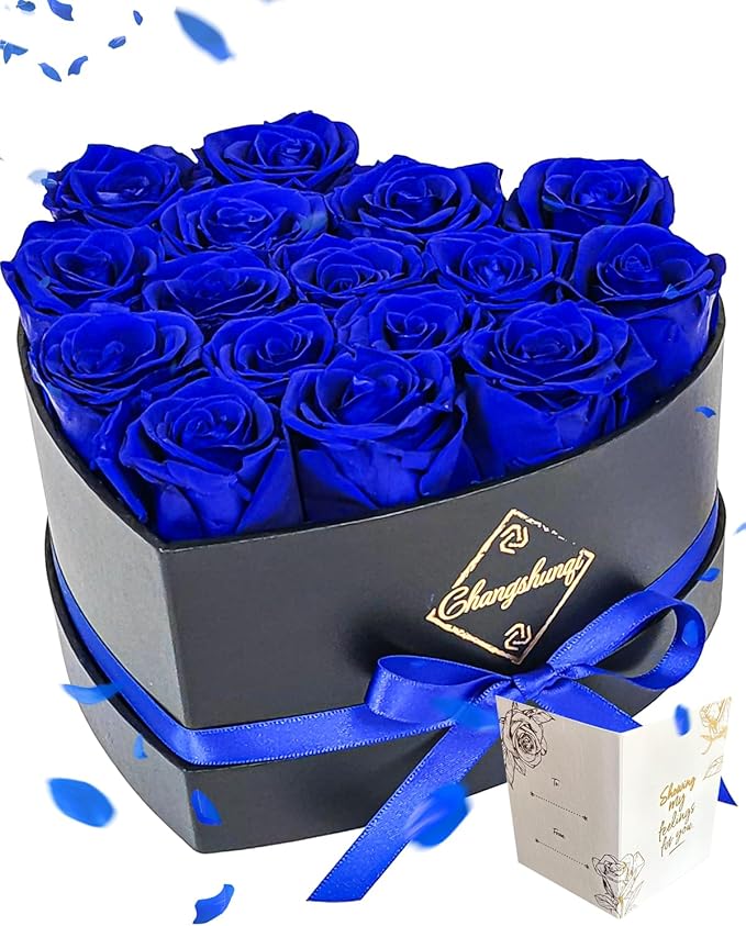 16 Flowers Forever Preserved Roses in Box, Forever Flowers Womens Birthday Gifts for Women Mothers Blue Rose Gift for Her Romantic Eternal Real Rose for Women Mom Wife