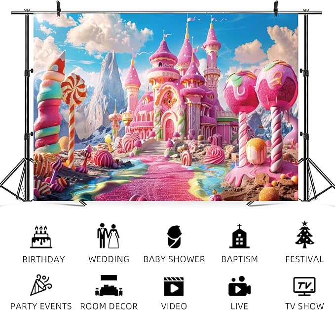 15x8ft Pink Fantasy Castle Backdrop Candy Land Sweet Candy House Photography Background Baby Shower Sweet Girl Princess Birthday Banner Decorations Kids Artistic Portrait Photo Booth Prop