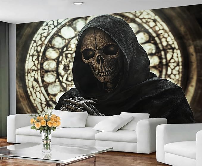 Gothic Skeleton Wall Mural, Dark Fantasy Skull 3D Wall Murals, Medieval Gothic Wallpaper Mural, for Living Room Bedroom Large Wallpaper Indoor Decor 137.8" W x100 H