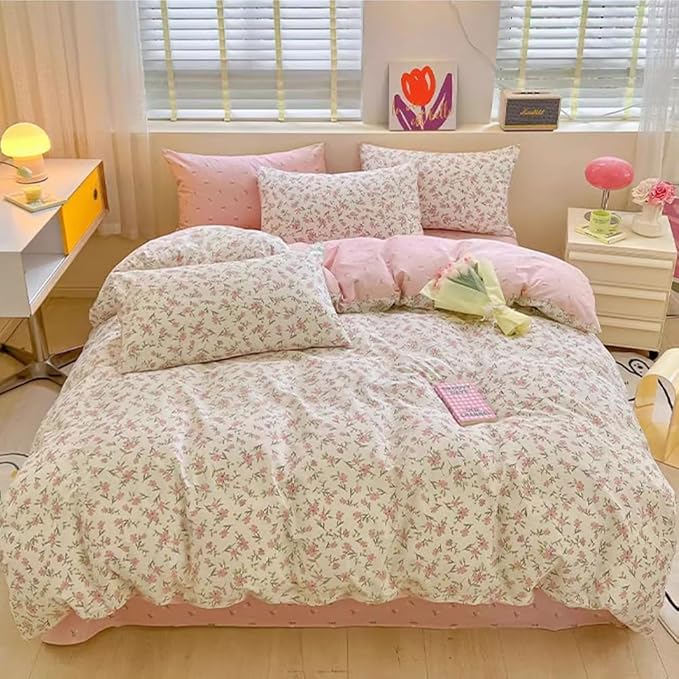 Vintage Style Pink Floral Duvet Cover Queen Cotton Garden Flower Comforter Cover Girls Cute Floral Bedding Set Chic Botanical Comforter Cover with 2 Pillowcases White Floral Duvet Cover with Zipper