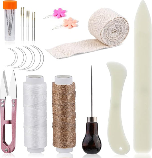 JUPEAN Book Binding Kits 24 Pcs Bookbinding kit Bookbinding Supplies with Bone Folders Tool Binding Ribbon Waxed Thread for Beginners