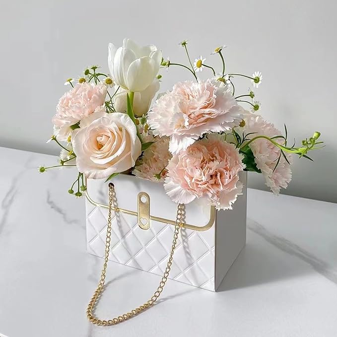 LONG XIN SERIES 12pcs White Elegant Gift Boxes with Metal Chain Present Craft Paper Boxes Portable Flower Bags Rectangular Gift Bags Purse Bag Party Favor for Gift Package (White)