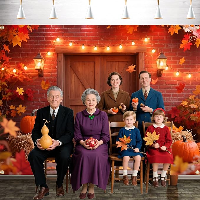 10x6.5FT Extra Large Fall Autumn Backdrop - Fall Photography Background with Pumpkins, Maple Leaves & Barn Wood (19.68FT Ribbon) - Thanksgiving, Friendsgiving, Harvest Party Decor, Photo Booth Props