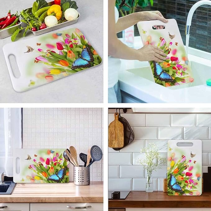 Tulips Bouquet Cutting Board with Handles Beautiful Butterflies Colorful Cutting Boards Plastic Safe Chopping Board for Kitchen 16" x 10" x 0.24"