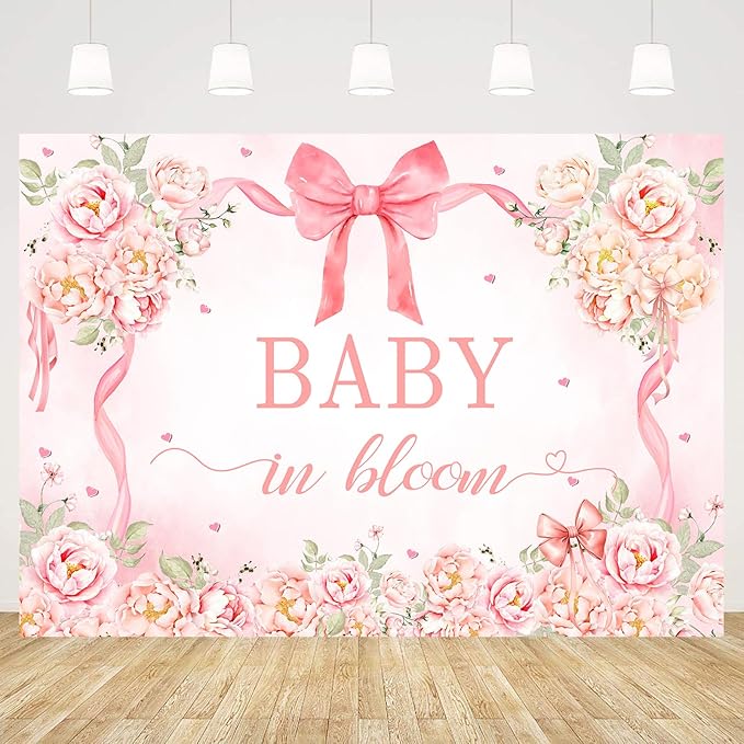 InMemory Pink Floral Baby Shower Backdrop for Girls Coquette Bow Flowers Love Hearts Gender Reveal It's a Girl Newborn Baby in Bloom Sign Banner Party Decorations Background 7x5ft