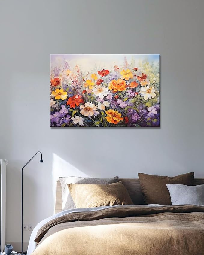 GLOKAKA Flowers Wall Art Colorful Landscape Lush Wildflowers Painting Print on Canvas Purple Yellow Floral Daisy Flower Picture for Home Bedroom Office Decor (Lush Flowers, 24"x16")