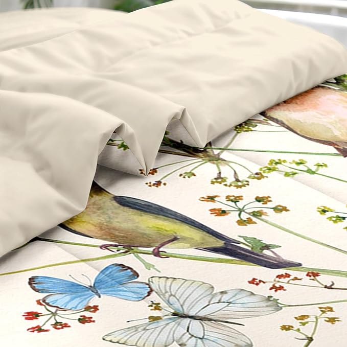 Comforter Set Twin Size, Vintage Birds Butterfly Colorful 5 Pcs Bedding for Kids and Adults, Floral Beige Spring Bed Sheet Sets with Fitted Sheet Pillowcase & Sham for Bedroom Bed Decor