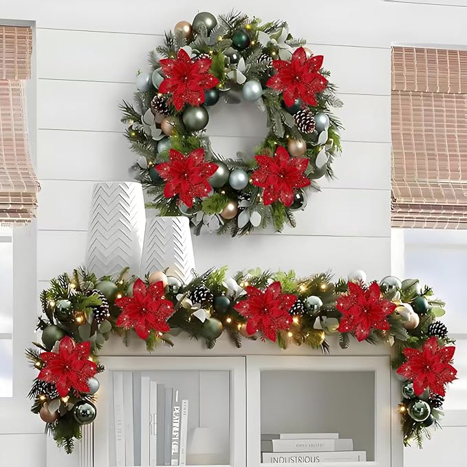 24 PCS Poinsettia Flower Artificial Red Gold Christmas Flowers Artificial 5.5'' Glitter Poinsettias Artificial Christmas Tree Flower With Clips Diy Xmas Wreath Holiday New Year Home Party Decor