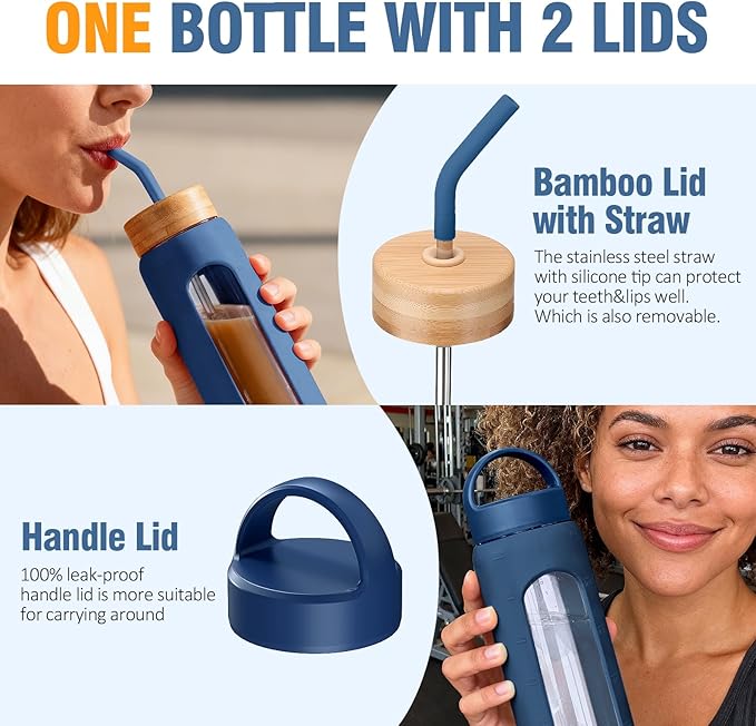 32 oz Glass Water Bottle, 1 Liter Glass Tumbler with Straw, Reusable Drinking Bottles with 2 Lids-Handle Lid&Bamboo Straw Lid, Silicone Sleeve, for Sports, Home,1 Pack-Blue