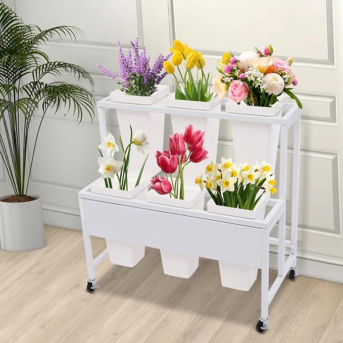 2-Layers Flower Display Stand Metal Flower Display Stand With 6 Pcs Buckets Rolling Plant Stand Flower Cart Moving Florist Bouquet Shelf for Fresh Flower Shop Balcony,Load Capacity 33.07lbs (White)