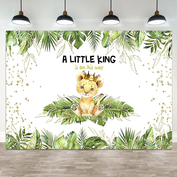 12x8ft Baby Shower Backdrop A Little King is On His Way Photography Background Lion Crown Jungle Forest Green Leaf Kid Birthday Party Banner Decorations Newborn Portrait Photo Booth Prop