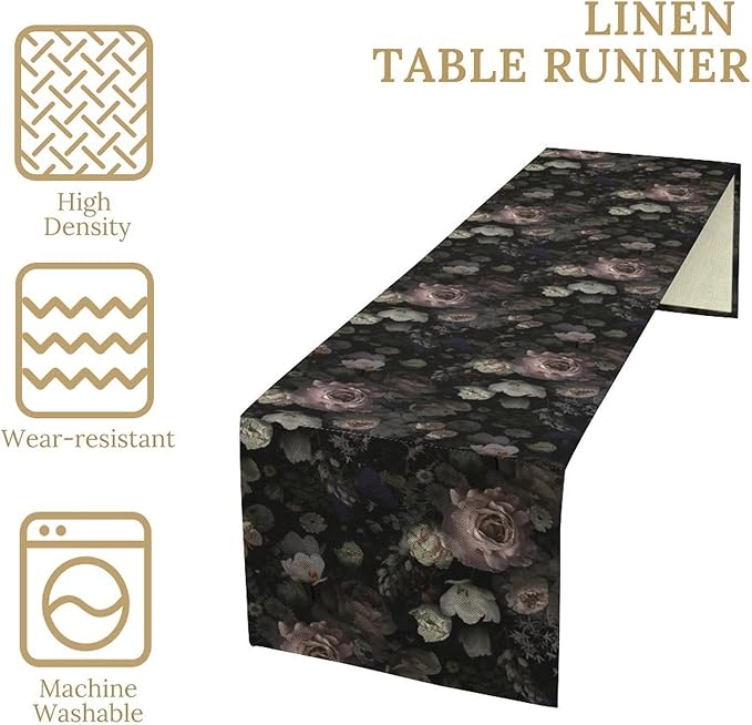Gothic Floral Table Runner,Vintage Black Pink Rose Print Table Runner for Home Kitchen Table Dining Indoor Outdoor Party Decor 13x60 Inch
