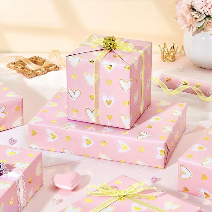 WERNNSAI Valentine Wrapping Paper Roll - 1 Roll 17”x 33 Valentines Day Gift Wrap Paper Pink Love Heart Gift Packing Decorations for Girls Women Bridal Shower Wedding Supplies