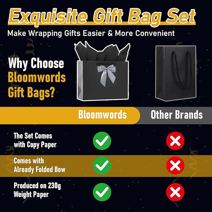 Bloomwords 13" Black Gift Bag Set - 2 Large Paper Bag with Bow, Greeting Card & 4 Tissues, Sturdy Handles for Birthdays, Father’s Day & Special Occasions-2PCS