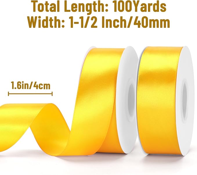 KINGLAKE Maize Yellow Satin Ribbon – 1 1/2'' x 100 Yards Polyester Golden Yellow Ribbon for Gift Wrapping, Wedding & Baby Shower Decoration, DIY Crafts, Sunflowers Floral Bouquets, Wreath Bows