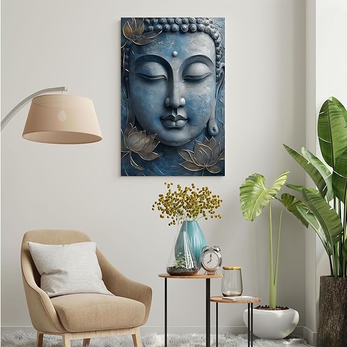 Canvas wall art Golden lotus crown Serene Buddha poster Ethereal blue toned art with delicate floral decor Zen wall art for a tranquil meditation space 16x24in Frameless
