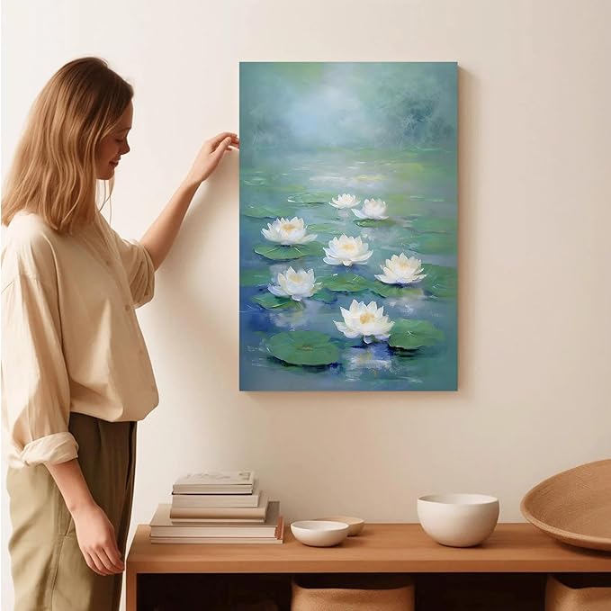 Zen wall art Delicate white lotus flower floating on calm water Vintage oil painting print Serene aquatic wall art creates a tranquil home decor 28x40in Frameless