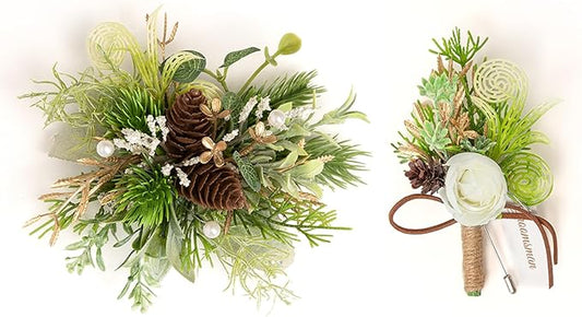 TINGE TIME Corsage and Boutonniere Set, Prom Flower Wrist Corsage Wristlet, Boutonniere for Men Wedding Flowers Accessories Prom Suit Decorations (White Ivory Greenery)