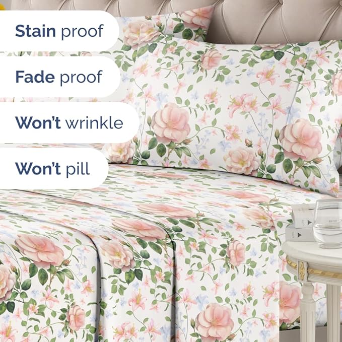 Floral Sheets - Pink Floral Rose Bed Sheet Set - 1 Flat, 1 Fitted & 2 Pillowcases w/ Deep Pockets - Comfy, Wrinkle & Fade Free Boho Botanical Bedding - Ultra-Soft, Breathable & Cooling - King Size New