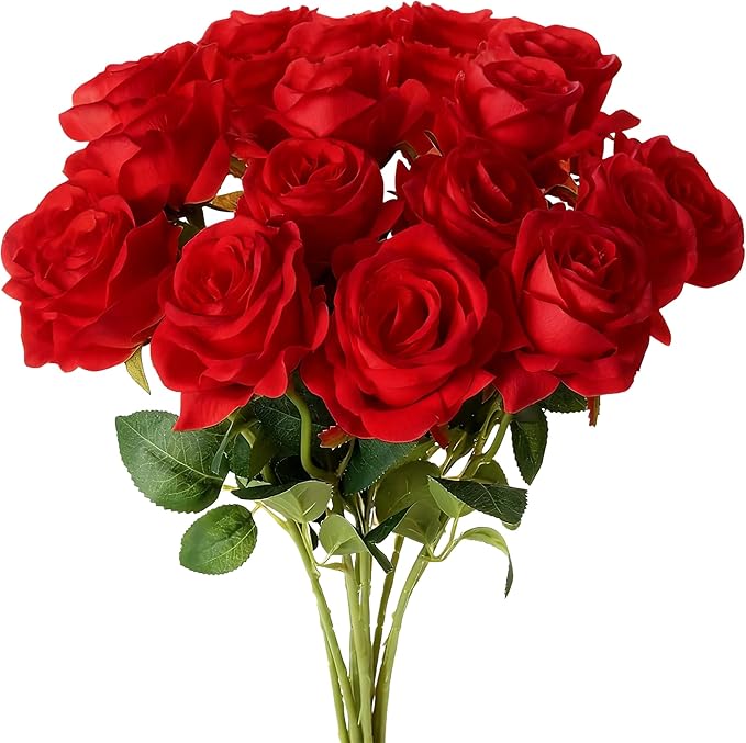 Red Roses Artificial Flowers 15 PCS, Fake Roses Silk Flowers with Long Stems, Faux Rose for Wedding Centerpieces, Home Decor, Indoor Floral Arrangements, Party Decor, DIY Bouquet (Red)