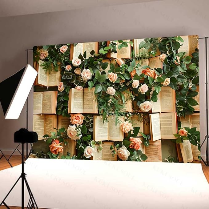 10x8FT Books Flowers Wall Photography Backdrop Green Leaves Rose Flowers Vintage Books Background Newborn Bridal Shower Birthday Party Banner Decor Supplies Photo Studio KUBDJ1003