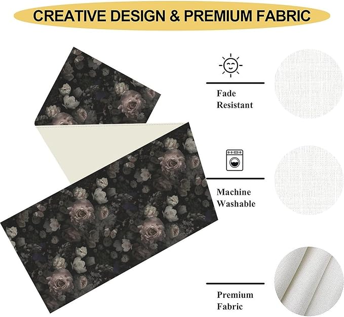 Gothic Floral Table Runner, Black Pink Rose Boho Vintage Art Print Linen Table Center Decor Family Kitchen Outdoor Farmhouse Holiday Party Table Decorations 13x90 inch