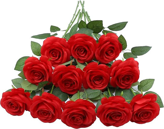 12pcs Roses Artificial Flowers Red Fake Flowers with Long Stems Silk Flowers for Wedding Bouquet Centerpices Decorations Party Bridal Baby Shower Home Decor